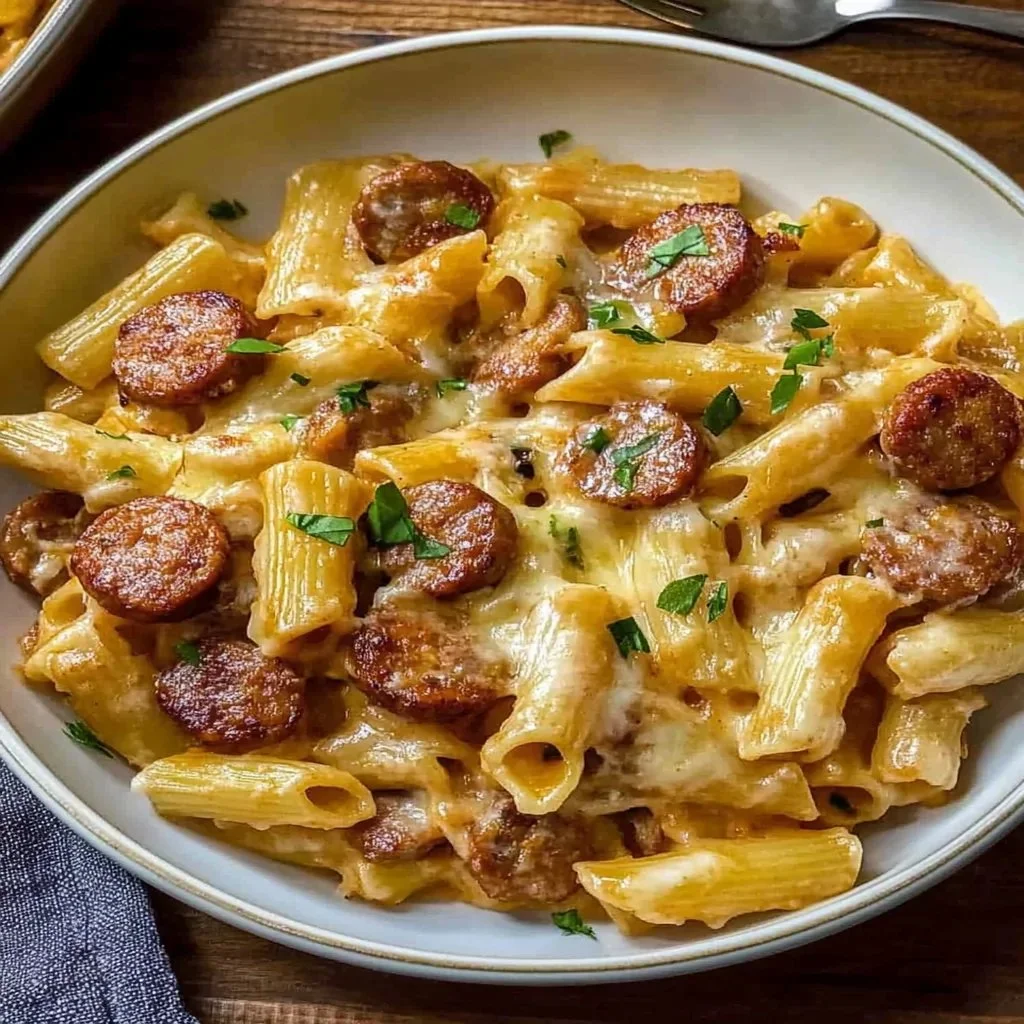 Baked sausage pasta in a casserole dish, garnished with herbs.