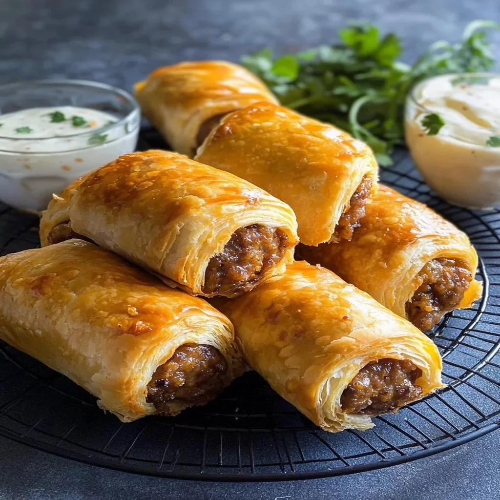 Homemade sausage rolls on a wooden table, golden and flaky
