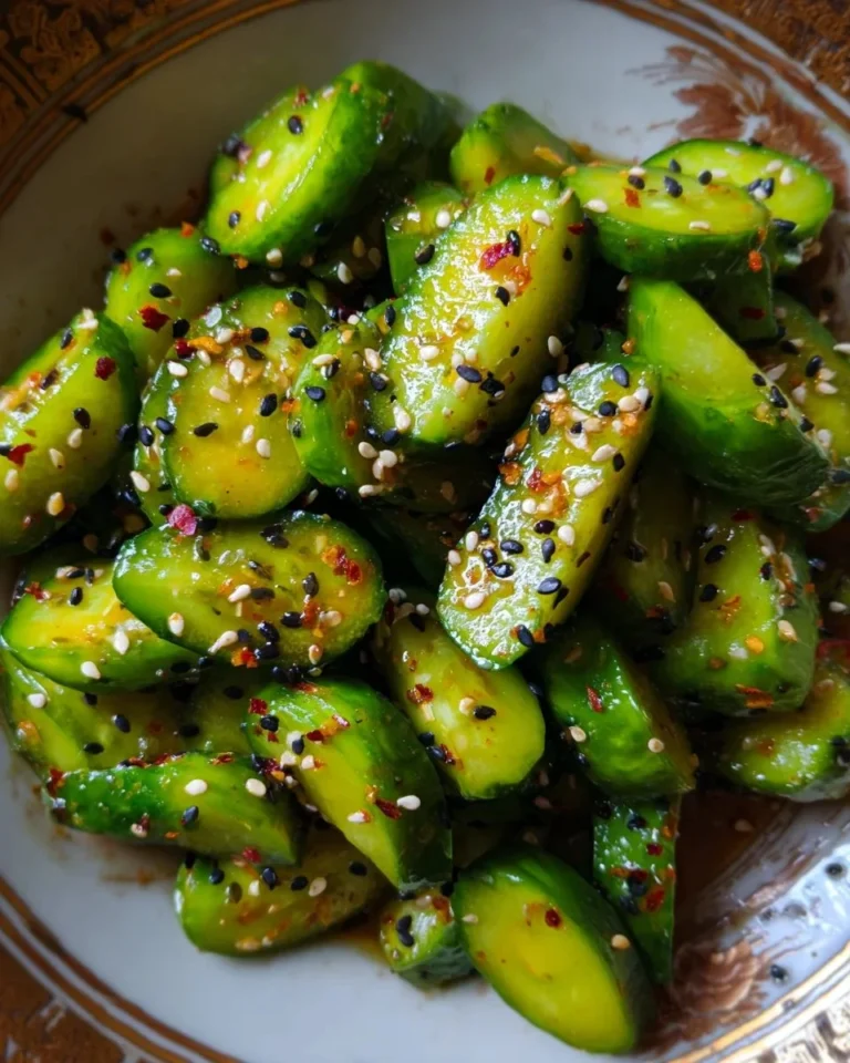A vibrant bowl of Sesame Cucumber Salad with cucumbers and sesame seeds