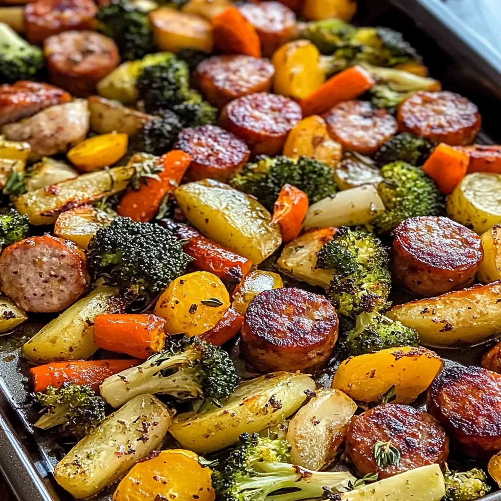 Delicious sheet pan sausage and vegetables ready for a quick meal