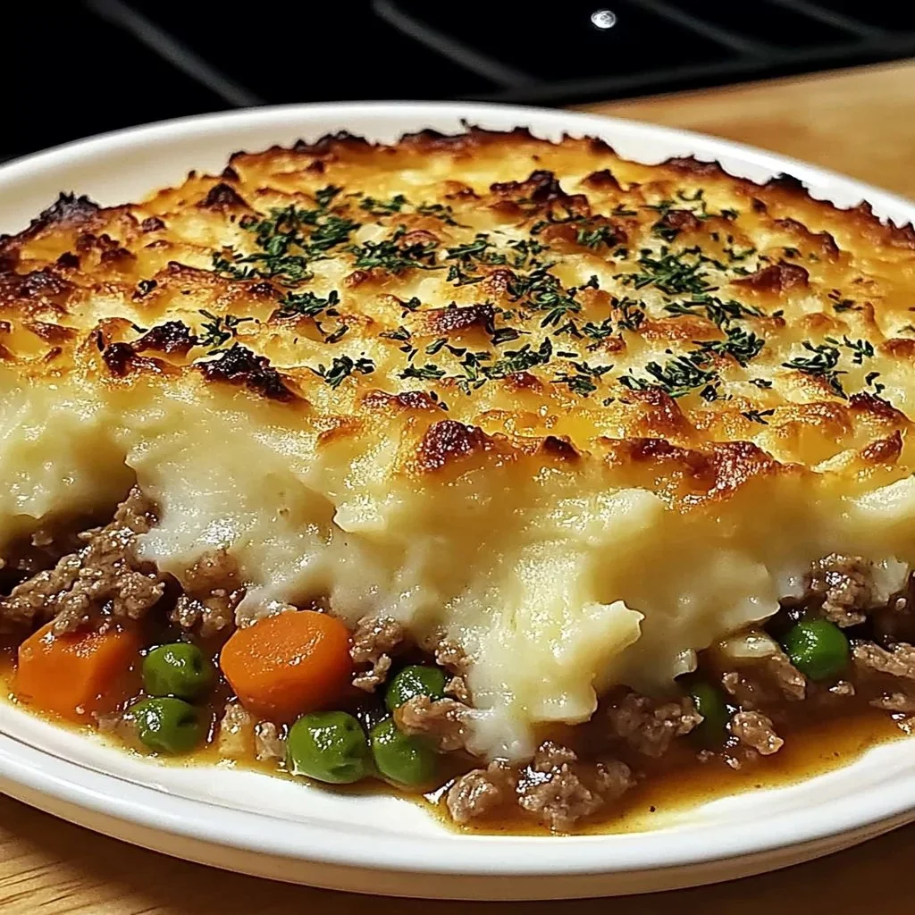 Delicious homemade Shepherd's Pie topped with creamy mashed potatoes.