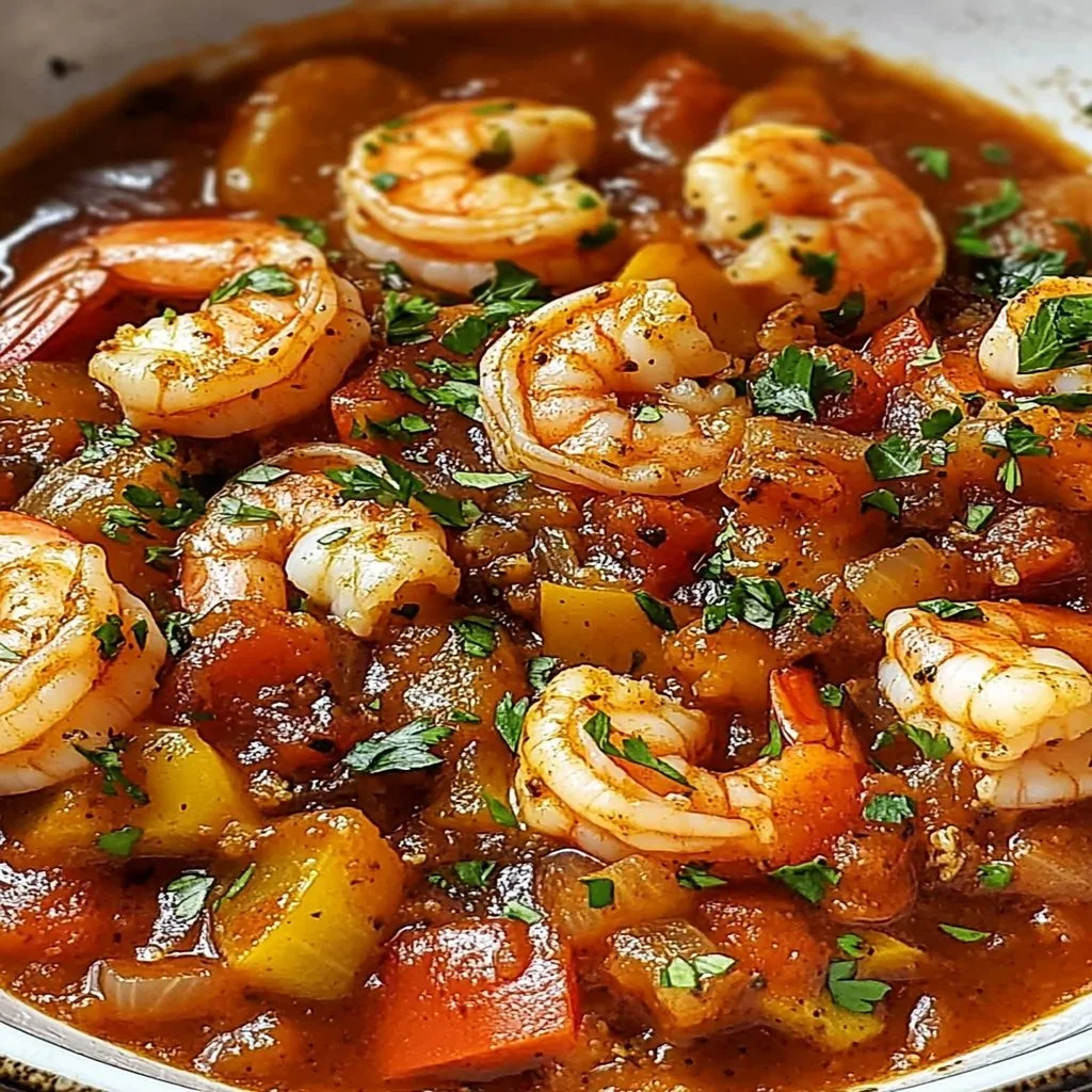 A vibrant plate of shrimp creole with rice and fresh herbs