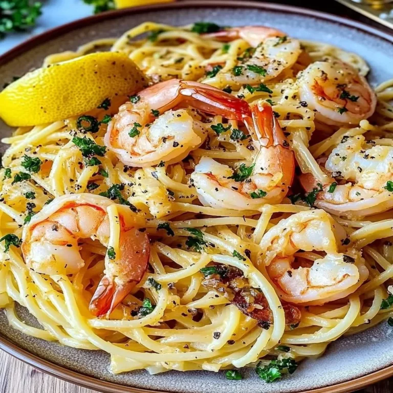 Delicious shrimp scampi served with pasta and garlic bread