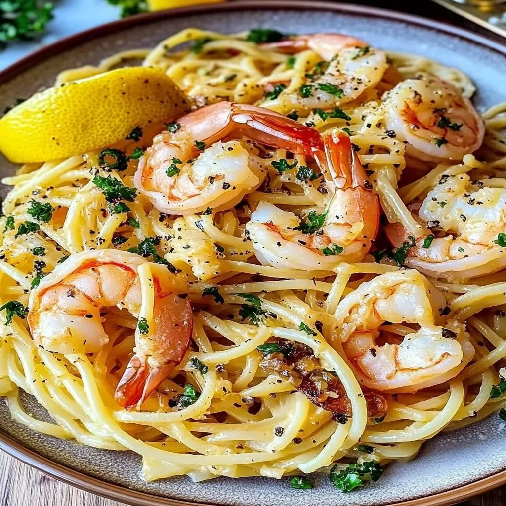 Delicious shrimp scampi served with pasta and garlic bread