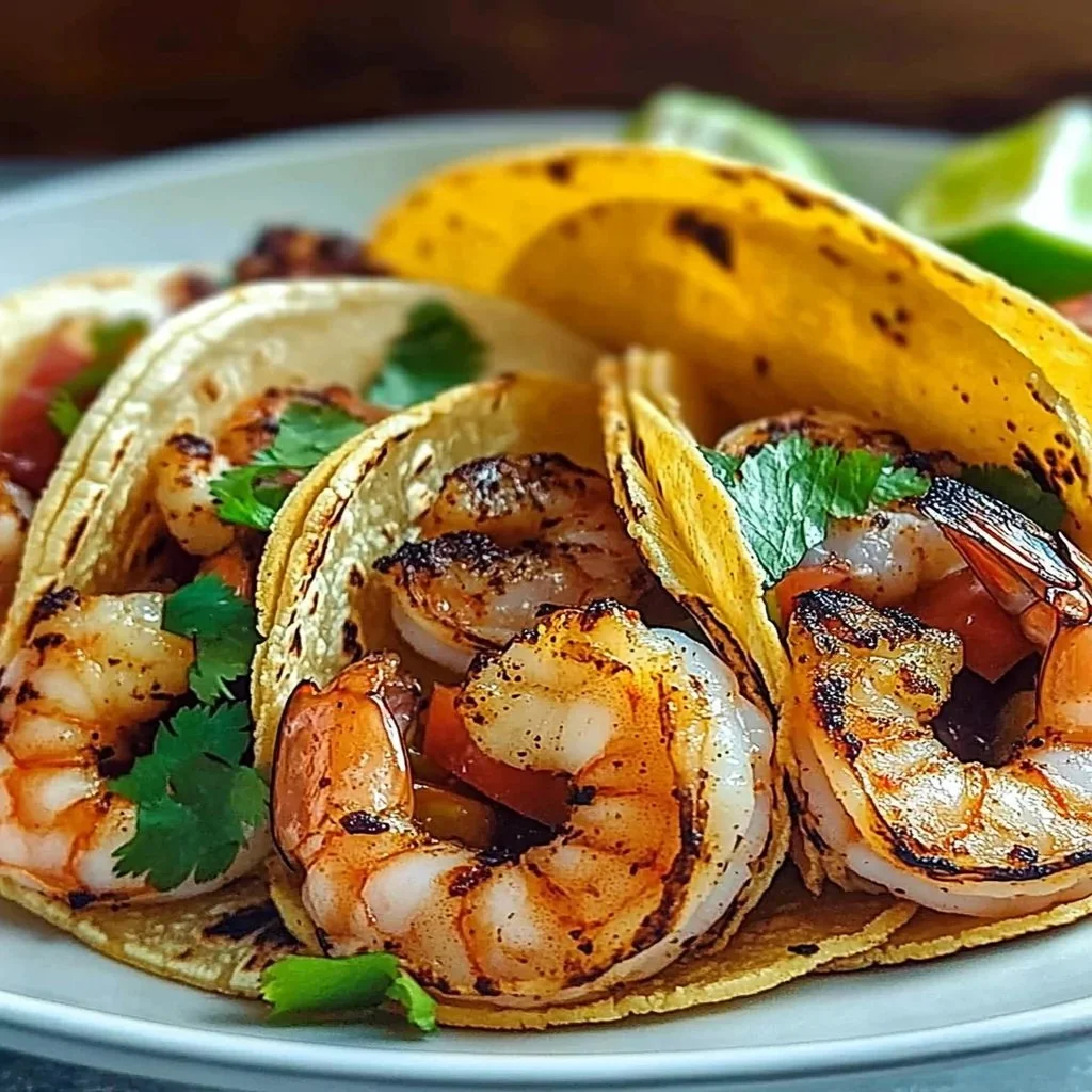 Delicious shrimp tacos served with fresh toppings and a side of lime.