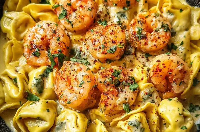 Shrimp tortellini in creamy garlic sauce plated for a delicious meal