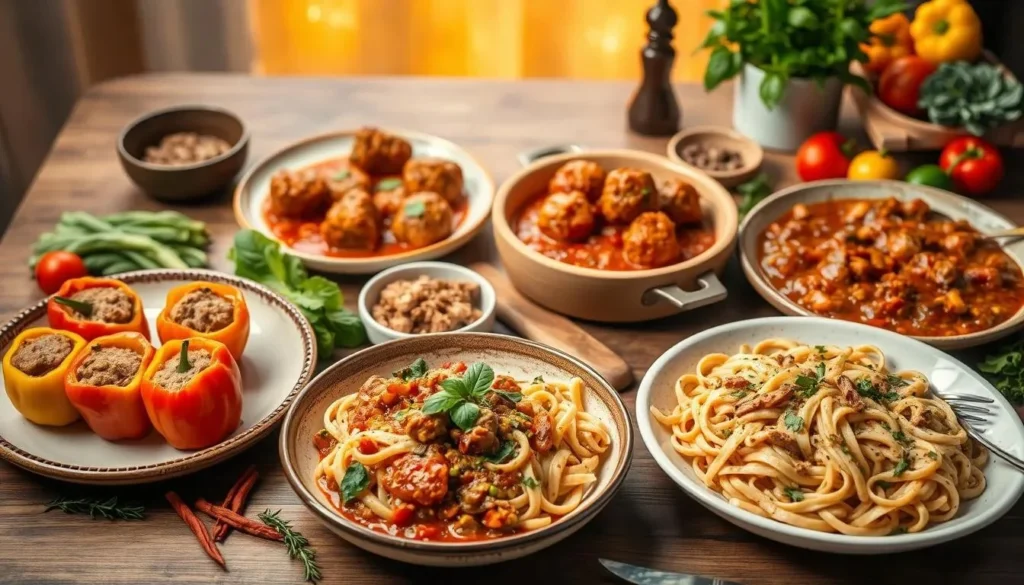 A plate of ground turkey dish with vegetables and spices