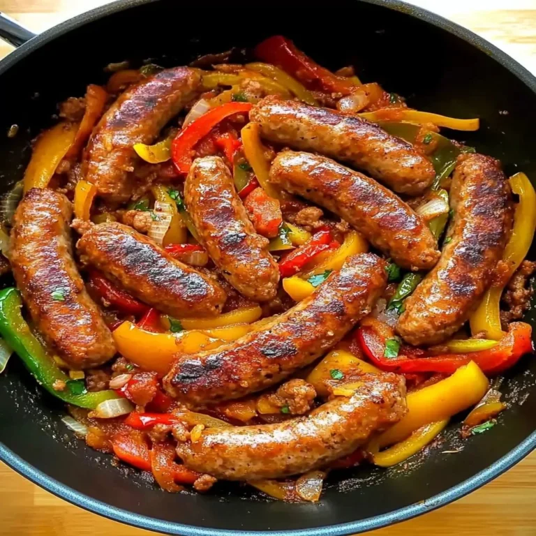Delicious sizzling sausage and peppers dish served in a skillet.