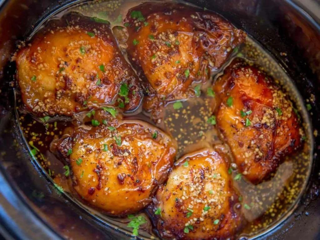 Delicious brown sugar garlic chicken cooked in a slow cooker, ready to serve