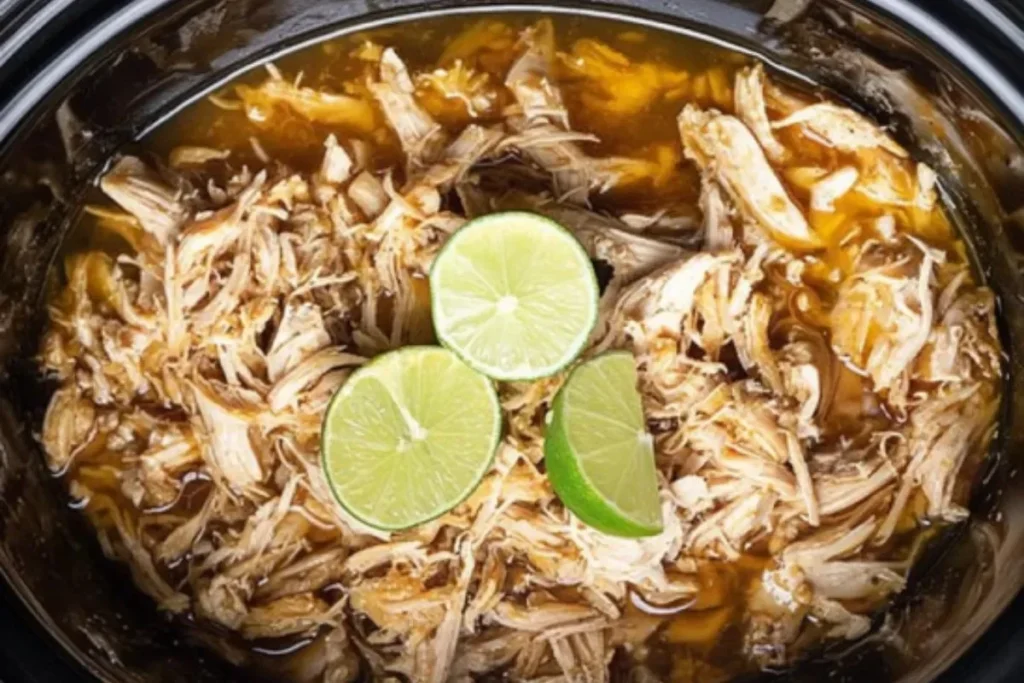 Delicious slow cooker honey lime chicken garnished with fresh lime and herbs