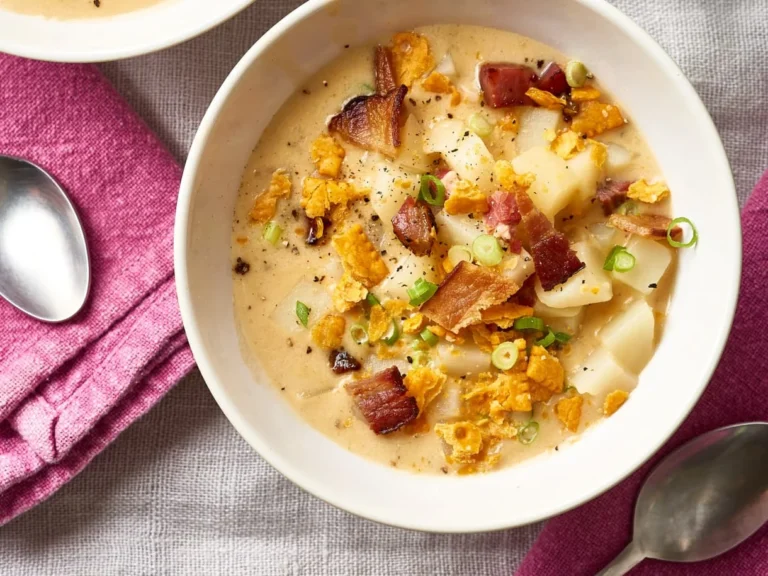 Delicious slow cooker potato soup served in a bowl with fresh herbs.