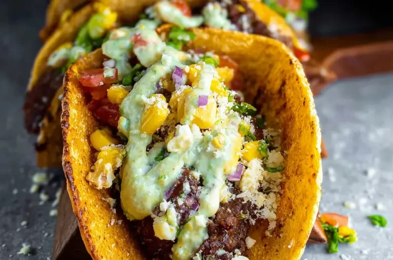 Delicious smash burger tacos served on a wooden platter with fresh toppings.