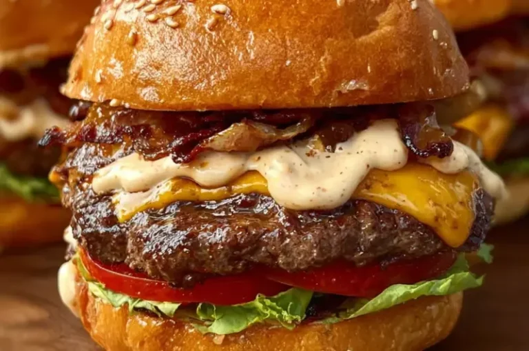 Juicy smash burgers with baconnaise sauce on a grilled bun