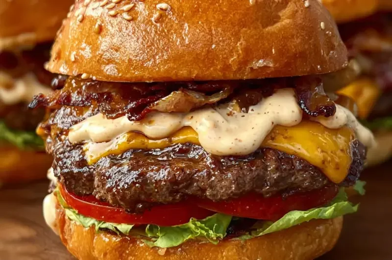 Juicy smash burgers with baconnaise sauce on a grilled bun