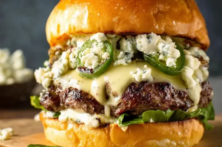 Smash burgers topped with charred serrano blue cheese butter on a grill