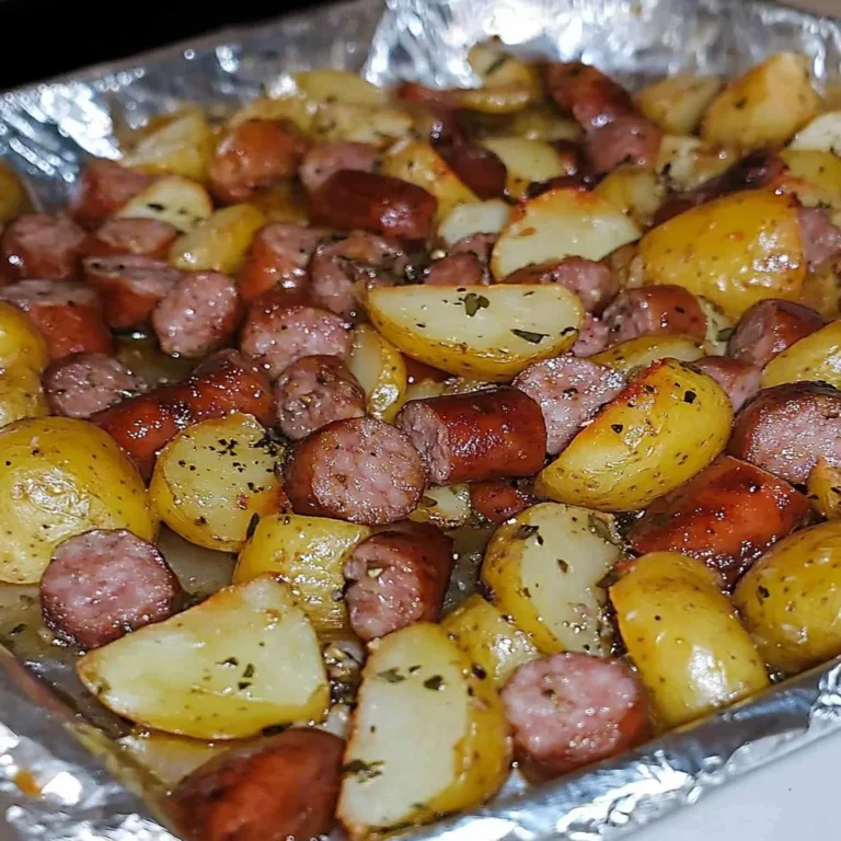 Smoked sausage and roasted potatoes served on a plate