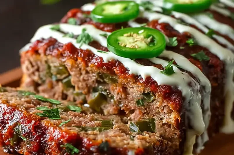 Smoky jalapeño popper meatloaf topped with cheese and jalapeños on a plate