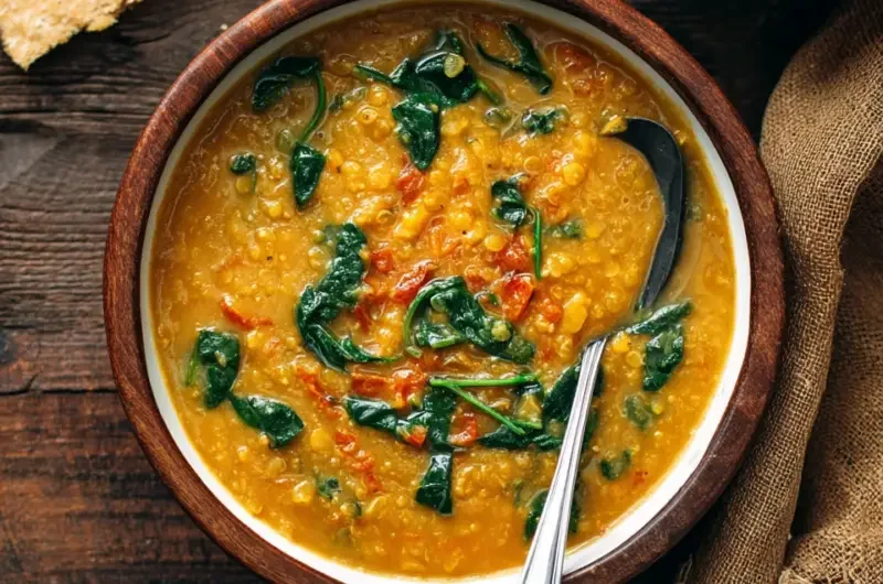 Bowl of smoky red lentil soup with spinach, garnished with herbs.