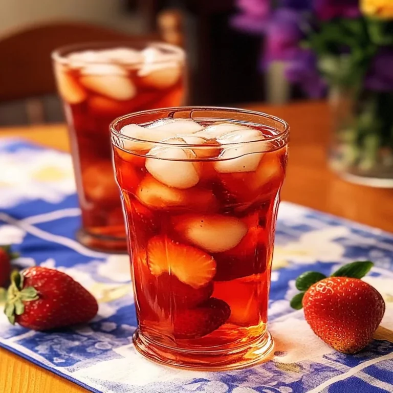 A glass of Southern strawberry sweet tea garnished with fresh strawberries and mint.