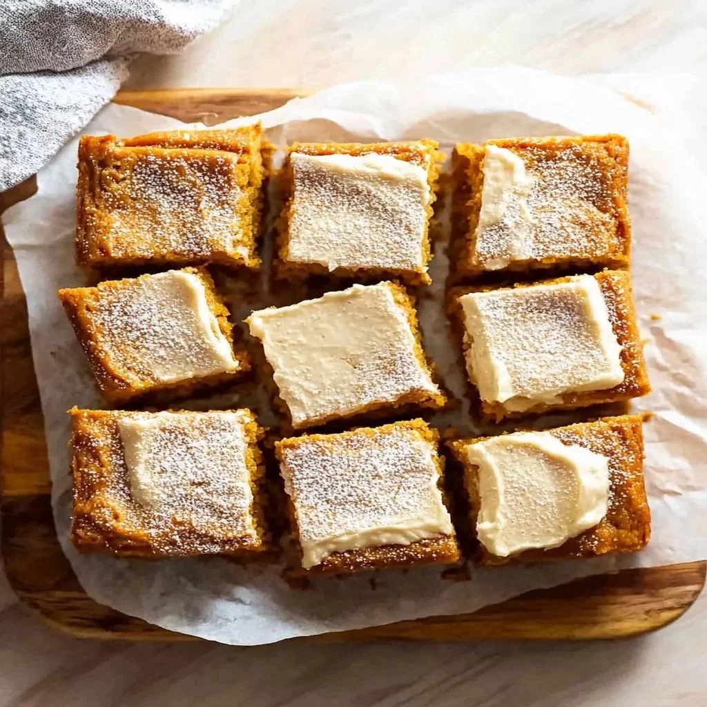 Delicious spiced pumpkin bars topped with cream cheese frosting on a wooden table.