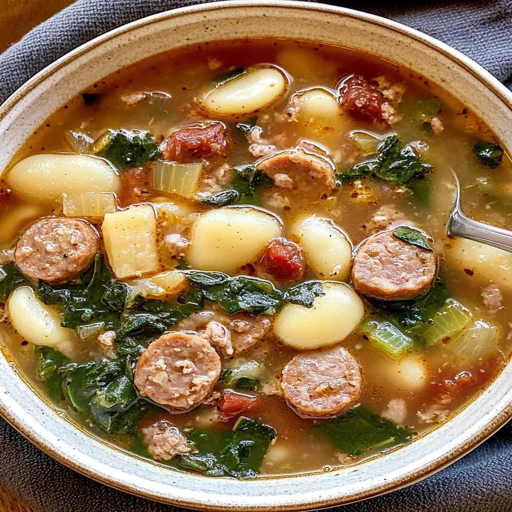 Bowl of spicy sausage soup garnished with fresh herbs