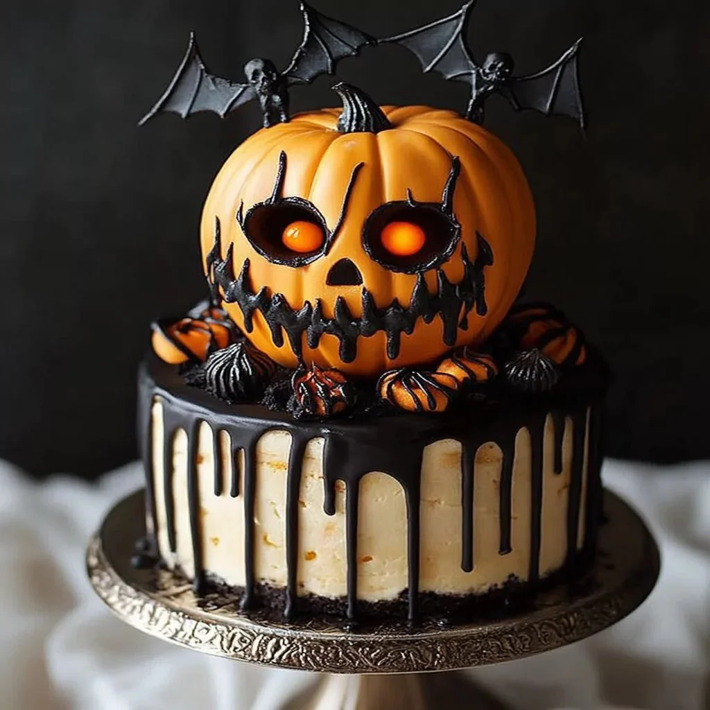 Spooky Halloween Cake decorated with scary candies and icing, perfect for Halloween.