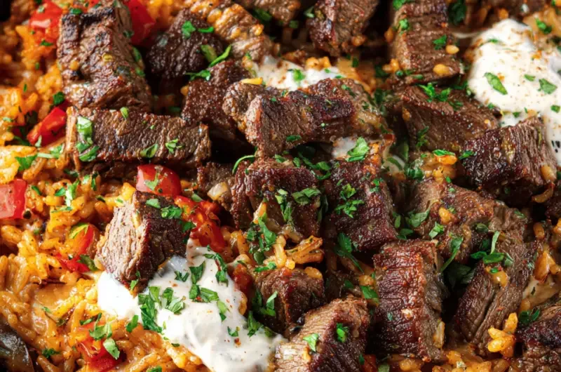 Plate of Steak Queso Rice topped with cheese and herbs