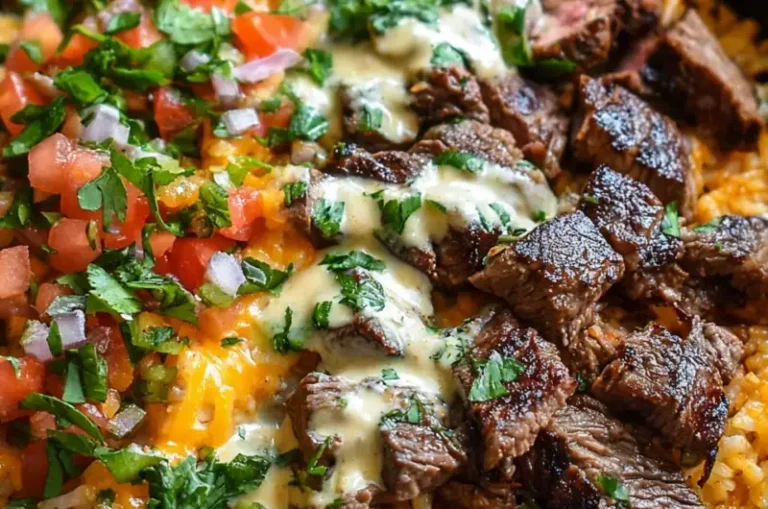 Steak Queso Rice Bowl topped with fresh ingredients and creamy cheese sauce