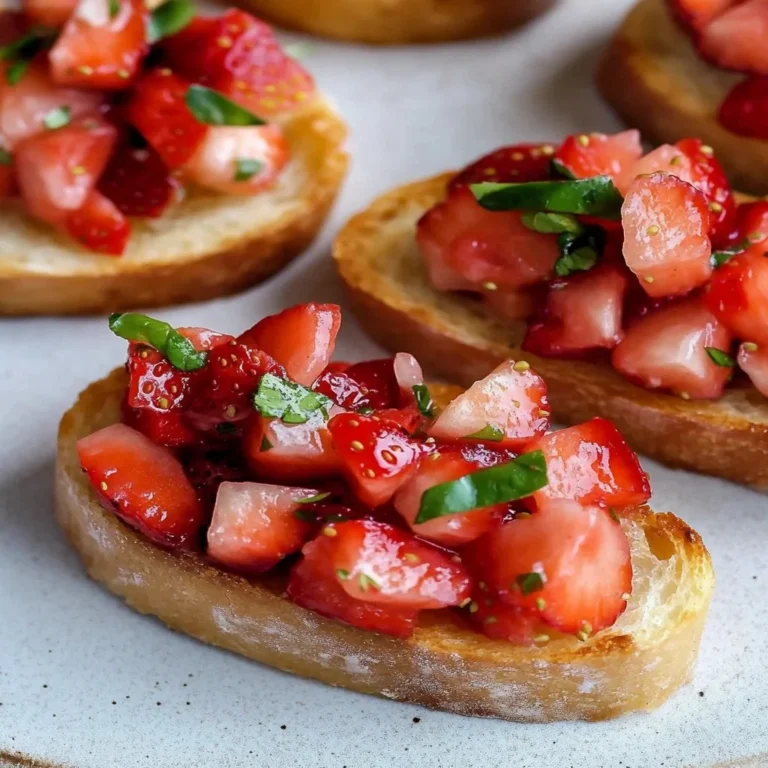 Delicious strawberry bruschetta topped with fresh basil and balsamic glaze.