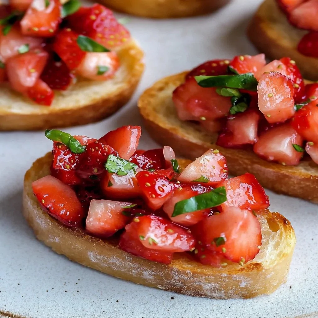 Delicious strawberry bruschetta topped with fresh basil and balsamic glaze.