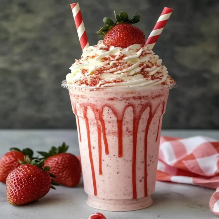 Delicious Strawberry Frappe with fresh strawberries and whipped cream.