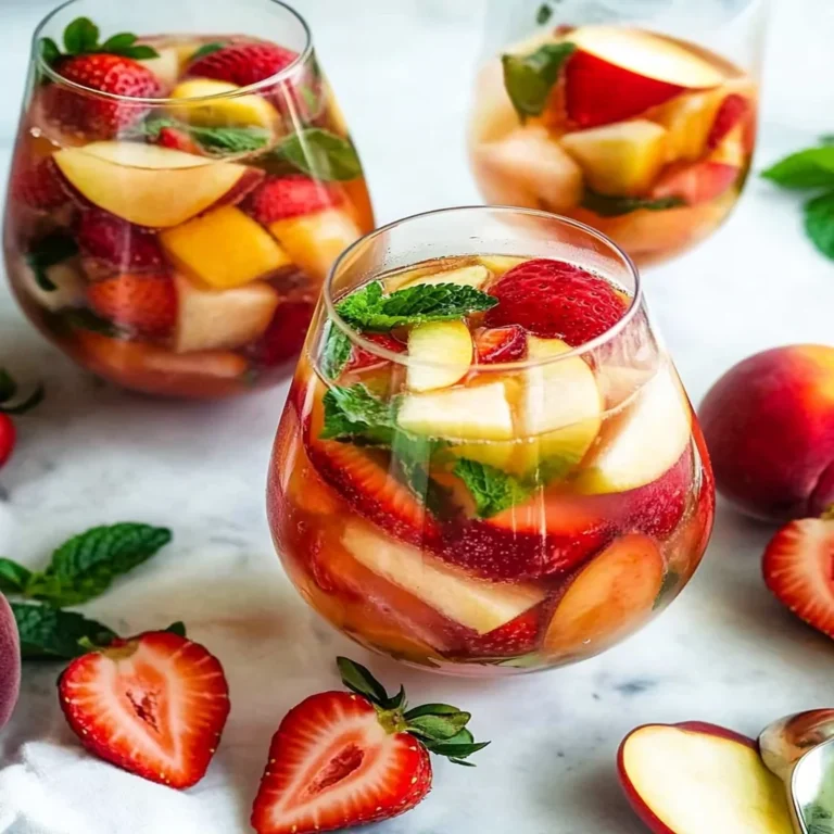 Delicious strawberry peach sangria served in a glass with fresh fruit garnish