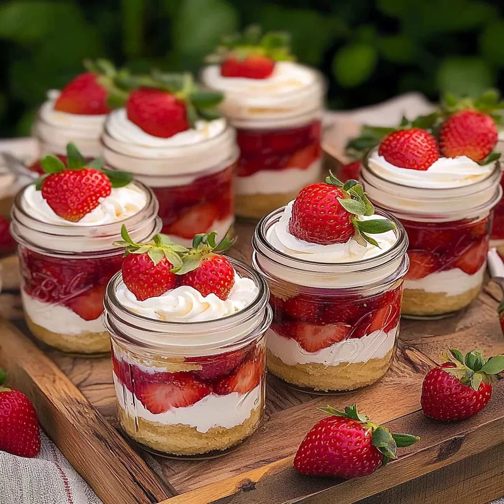 Strawberry shortcake jars filled with layers of strawberries and cream