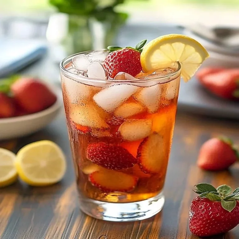Refreshing glass of strawberry sweet tea with fresh strawberries and mint garnish