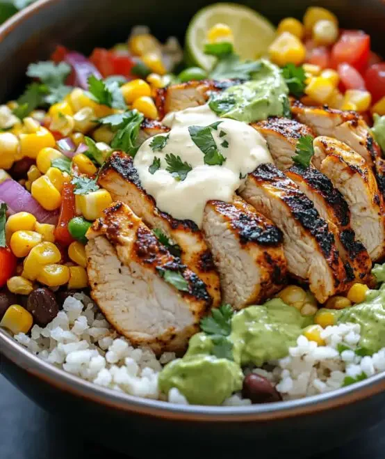 Delicious Street Corn Chicken Rice Bowl topped with fresh ingredients
