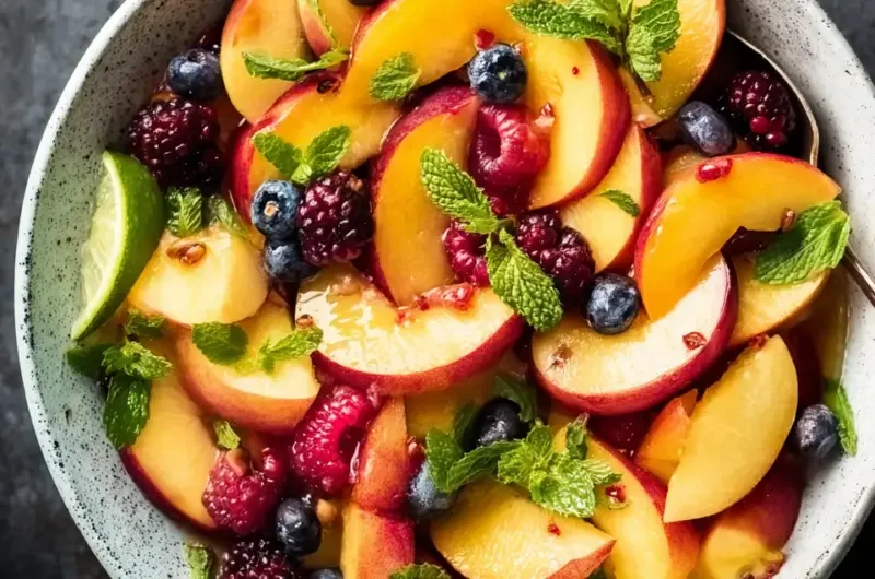 Bowl of vibrant summer peach fruit salad with fresh fruits