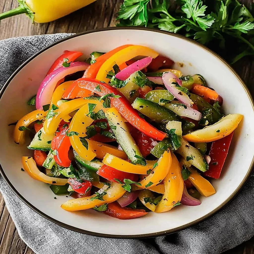 Vibrant bowl of super easy bell pepper salad with fresh vegetables.