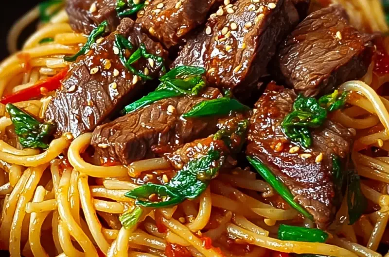 Delicious sweet and spicy garlic steak pasta with fresh ingredients and flavors.