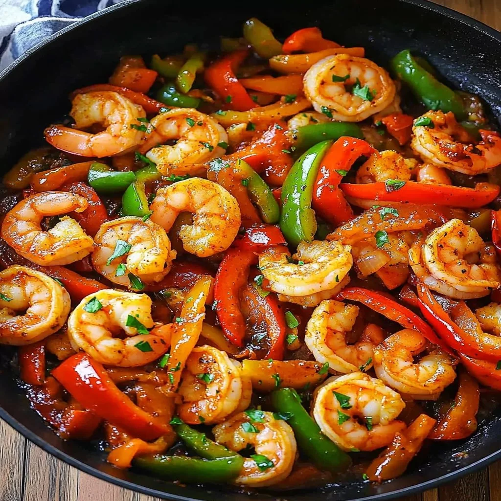 Sweet Chili Shrimp and Bell Peppers Skillet ready to serve with vibrant colors.