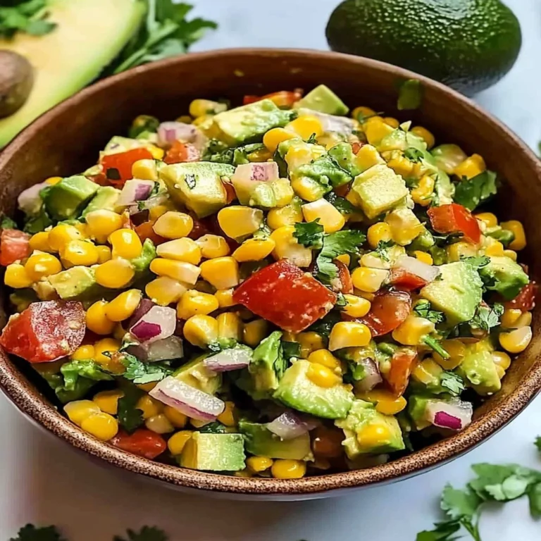 Colorful sweet corn and avocado salad in a bowl, perfect for summer dining.