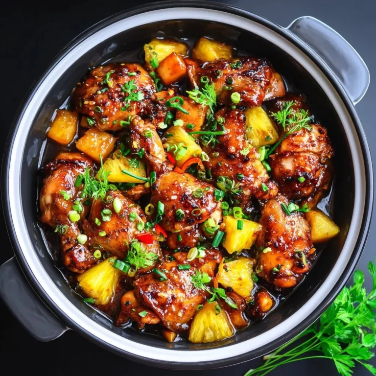Delicious sweet Hawaiian Crockpot Chicken served with rice and tropical fruits.