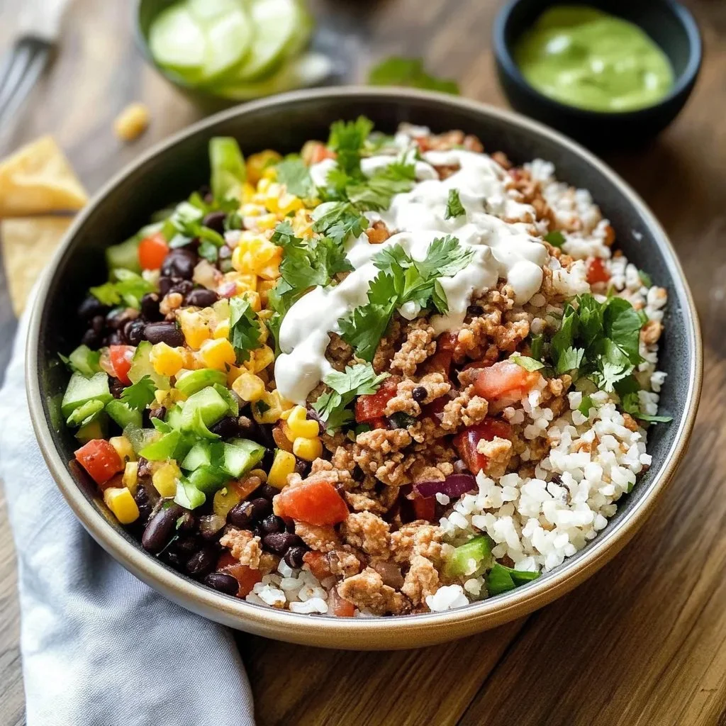 Delicious homemade Taco Bowl with fresh ingredients and vibrant toppings.