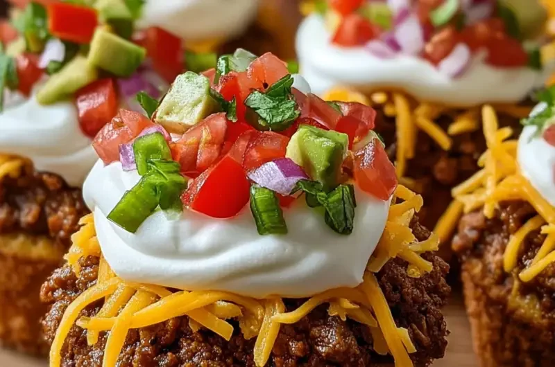 Delicious Taco Cupcakes topped with flavorful ingredients and vibrant garnishes.