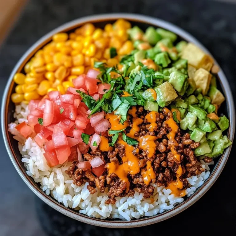 Delicious Taco Rice Bowl garnished with fresh toppings and served in a vibrant bowl.