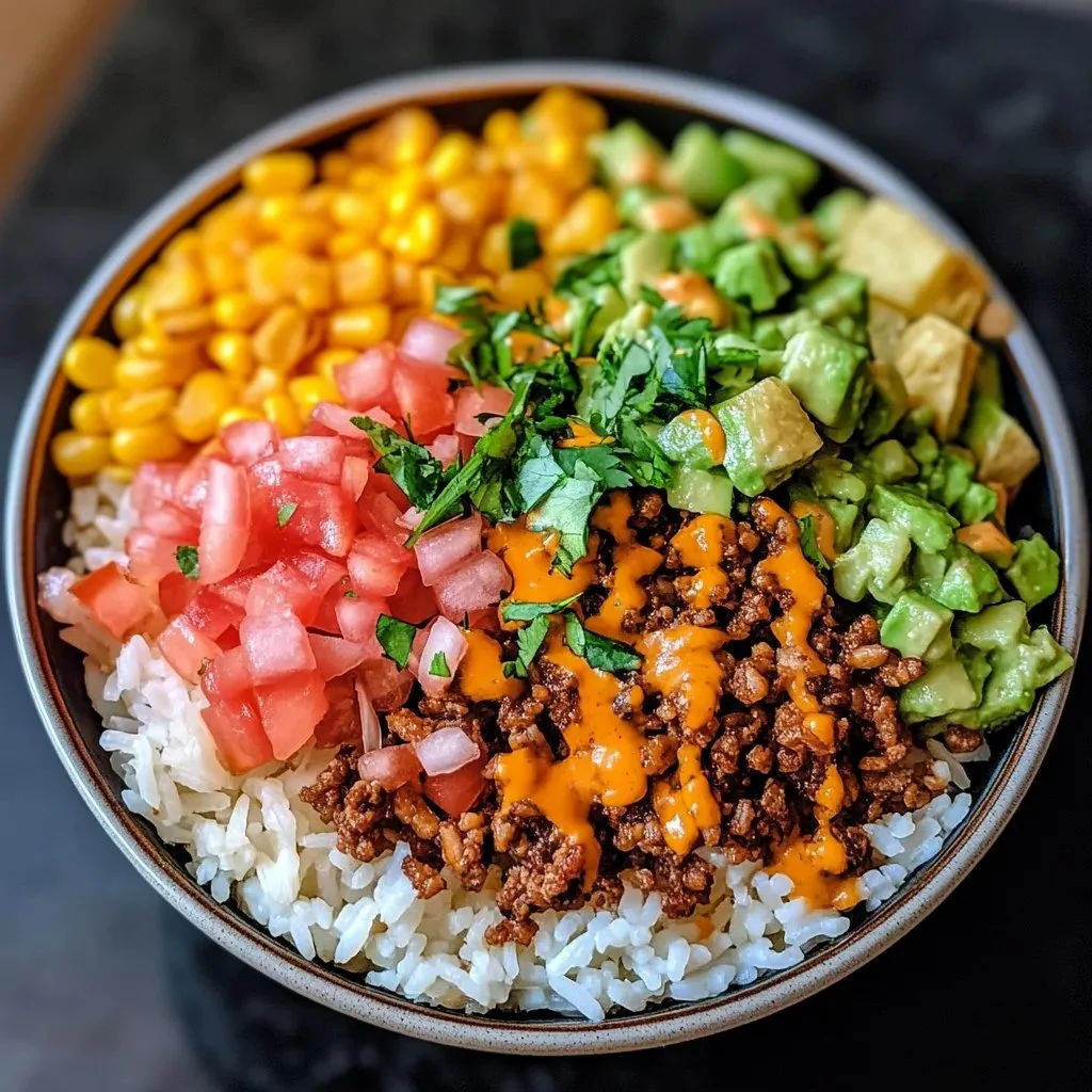 Delicious Taco Rice Bowl garnished with fresh toppings and served in a vibrant bowl.