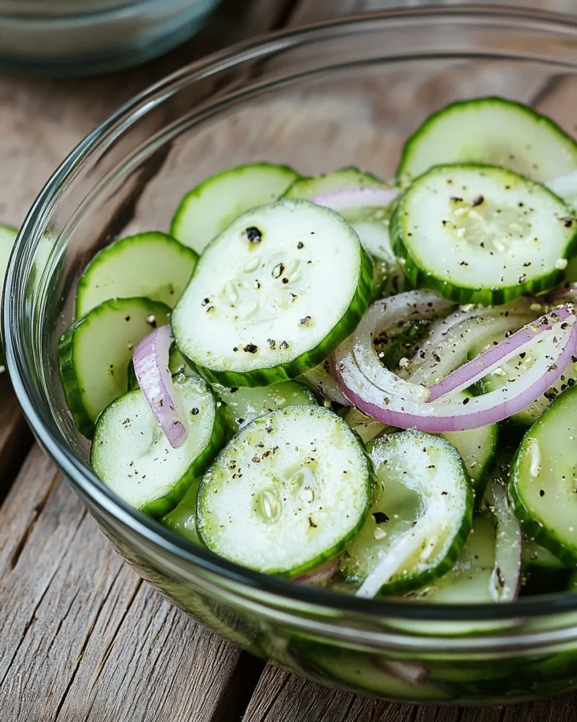 Tangy vinegar cucumber salad served in a bowl with fresh herbs
