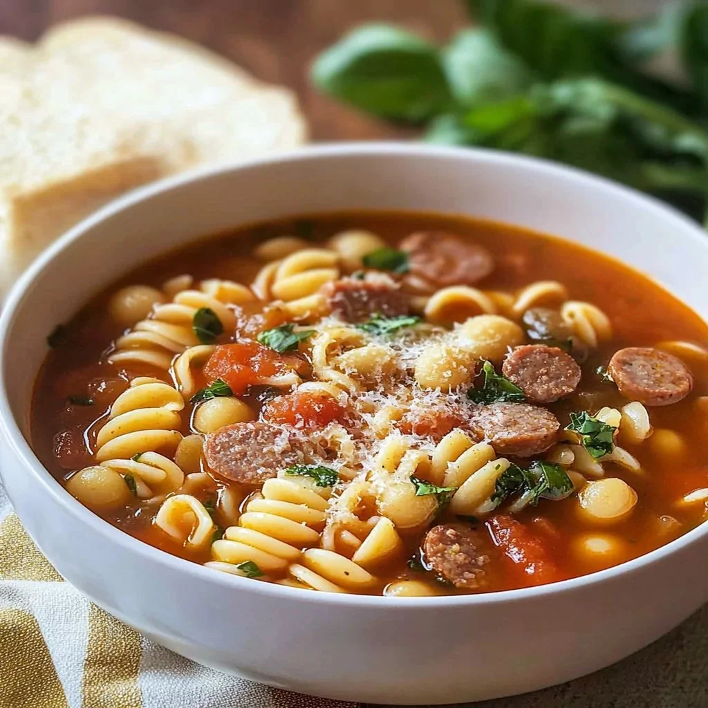 Delicious bowl of 30-minute Italian sausage soup, perfect for cozy dinners.