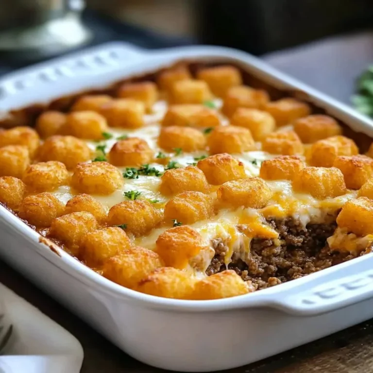 Tater Tot Casserole topped with golden tater tots and ground beef