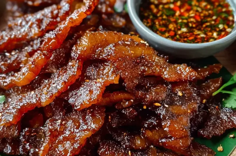 A delicious platter of Thai Pork Jerky, featuring seasonings and spices.