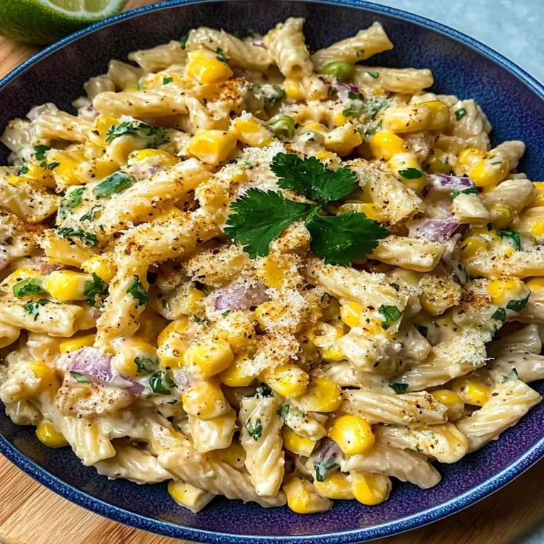 Delicious Mexican street corn pasta salad with vibrant toppings and colors.